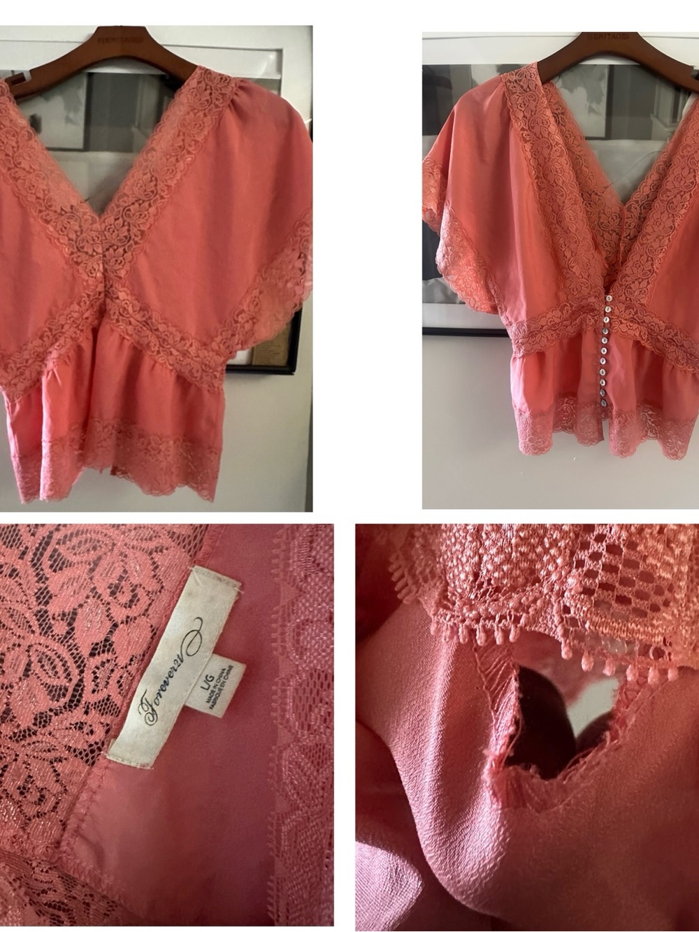 Forever 21 Coral Lace Trim V-Neck Peplum Top